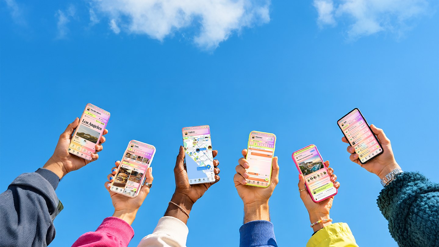Six friends holding up their phones against a blue sky, each showing a different part of a SideQuest trip